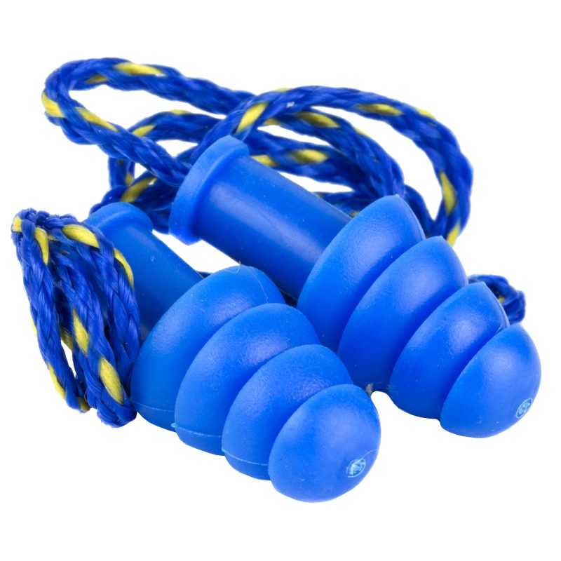 Pair of blue Walker's rubber corded earplugs on a white background