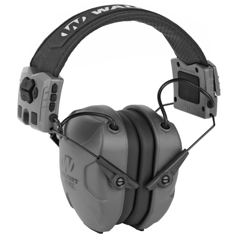 Gray Walker's Xcel 500BT Digital Electronic Earmuffs with Bluetooth, shown from the side, ready for use on a ranch or job site.