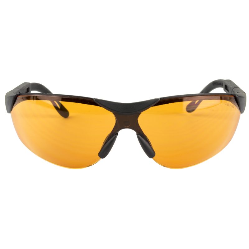 Pair of Walker's Elite Sport Glasses with amber polycarbonate lenses and black frames, shown with 5-position adjustable temples.