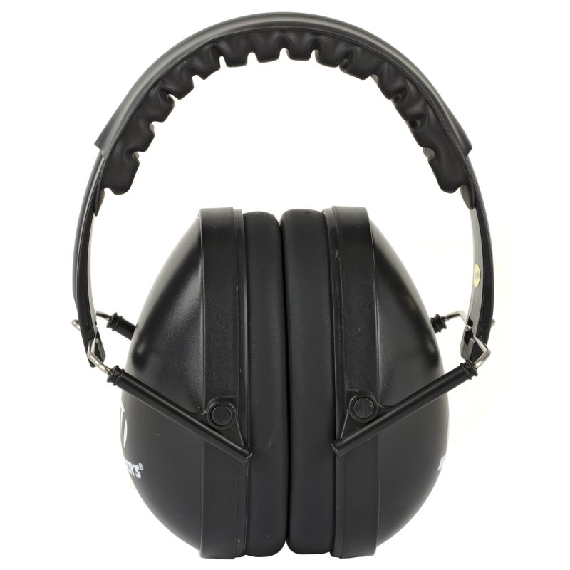 Black Walker's compact folding earmuffs, shown folded for storage, with a focus on their small size suitable for women or youth.