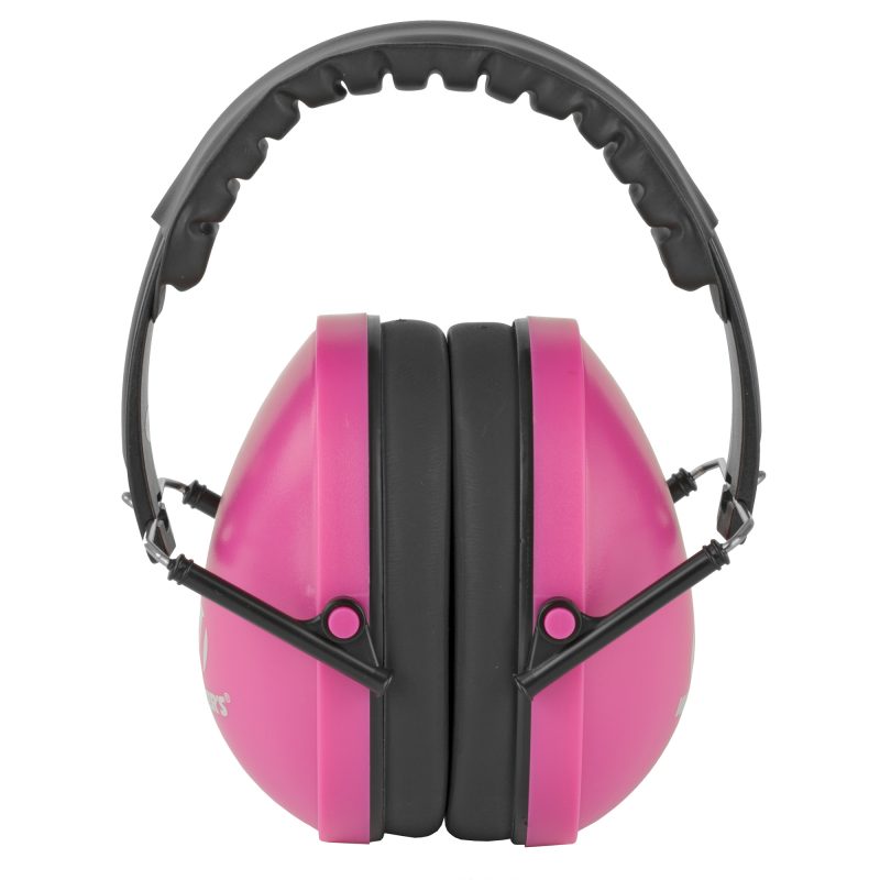 Pink Walker's compact folding earmuffs for women, shown folded and ready for use.