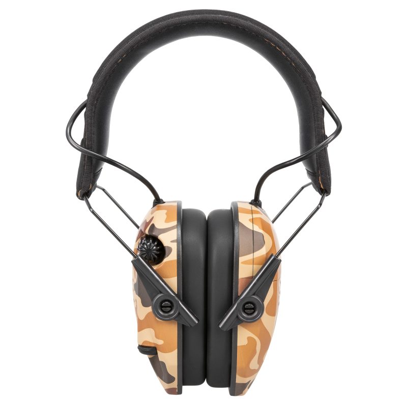 Pair of Walker's Razor Slim Electronic Earmuffs in duck camouflage pattern, shown with earcups and headband.