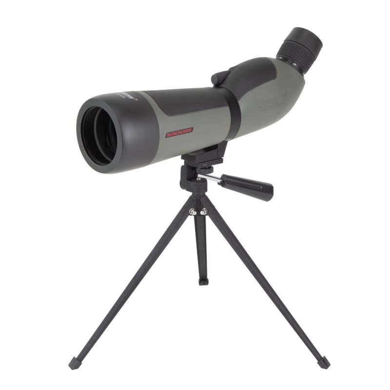 Winchester Supreme Optics 20-60X65mm spotting scope, black and gray, with included bench top tripod and protective case, ready for outdoor use.