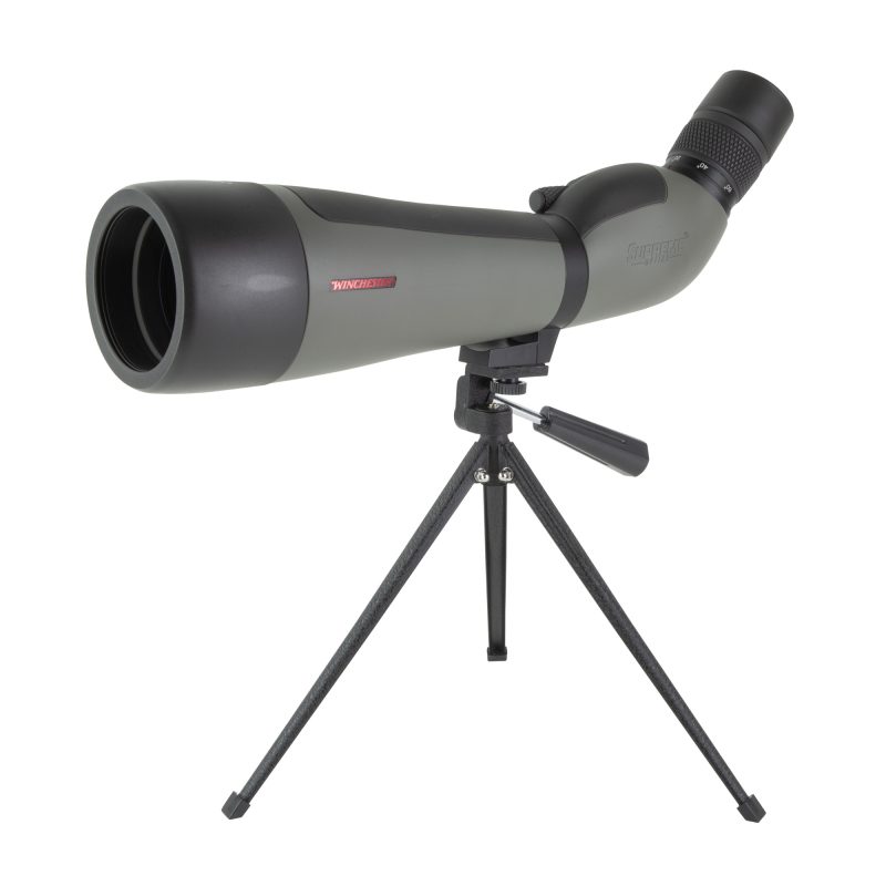 Winchester Supreme Optics 20-60X80Mm Spotting Scope, black and gray, with included bench top tripod and protective case, suitable for ranch use in the White Mountains of Arizona.
