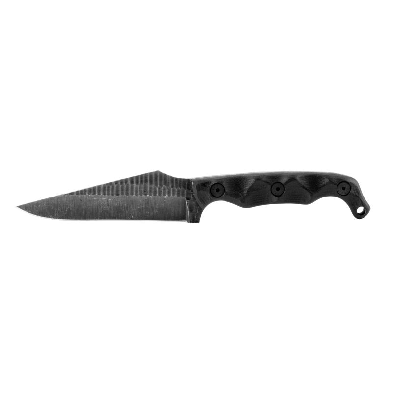 Stroup Knives TU2 fixed blade knife with 4-inch acid etched 1095 high carbon steel clip point blade, black and red G10 handle, and black sheath, displayed on a rugged outdoor surface.